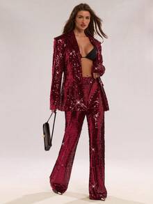 SHEIN BAE Autumn/Winter New High-End Shiny Sequin Blazer Jacket, Elegant Lady Long Sleeve Suit Top, Women's For Concerts, Music Festivals, Parties - Burgundy - View 3