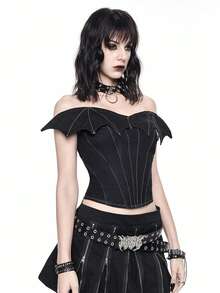 ROMWE Gothic Bat Asymmetric Collar Topstitch Design Stretchy Fitted Denim Top - Black - View 7