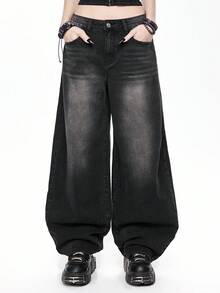 ROMWE Grunge Punk Distressed Spiderweb Embroidered Oversized Flare Women Jeans - Black - View 3