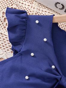 SHEIN 2 件套青少年女孩优雅盖袖串珠上衣和花卉印花连衣裙（配腰带），适合春夏季、假日、夏季、旅行 - 藍色 - 查看 4