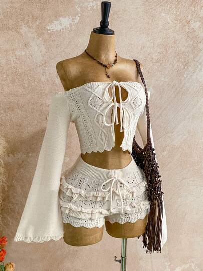 Soleia 2pcs Women's Fashionable Sexy Off-Shoulder Tie-Up Sweater Set