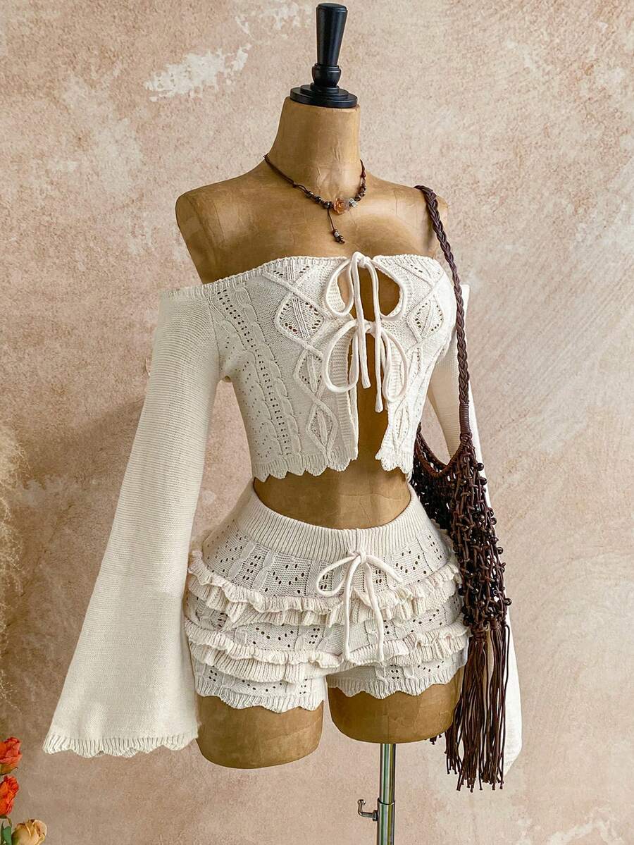 Soleia 2pcs Women's Fashionable Sexy Off-Shoulder Tie-Up Sweater Set - Apricot - View 1