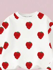 2 件年轻女孩休闲时尚甜美可爱草莓印花白色圆领运动衫和红色紧身裤套装，秋冬女童运动衫和裤子两件套，圣诞红色运动衫套装 - 彩色 - 查看 4