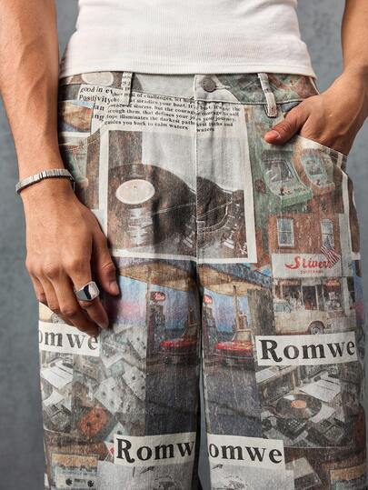 Street Life Jeans droits à jambe ample avec poche en biais imprimé journal, mode homme