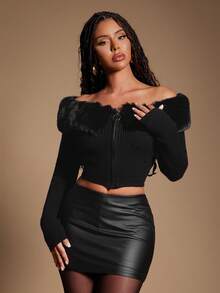 Radiana Modischer Damen Patchwork Cardigan mit Fellbesatz an den Schultern und Reißverschluss, Herbst