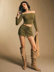 Poéselle Off Shoulder Knit Two Piece Set For Women - Y2K Long Sleeve Crop Top & Drawstring Mini Skirt, Sexy Co-Ord Fall Outfit, Going Out Party Look,Women's Fashionable Sexy Off-Shoulder Top & Pants 2 Pieces Set Sexy Skirt Set Two Piece Set Vacation Outfits Women Off The Shoulder Crop Top Short Skirt Set, Petite Two Piece Set Skirt Two Piece Set Ribbed Two Piece Set - Green - View 7