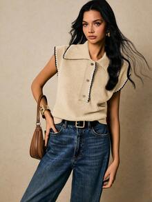 Poéselle 女士休闲花卉饰边 Polo 领针织背心，秋冬季 - 杏色 - 查看 7