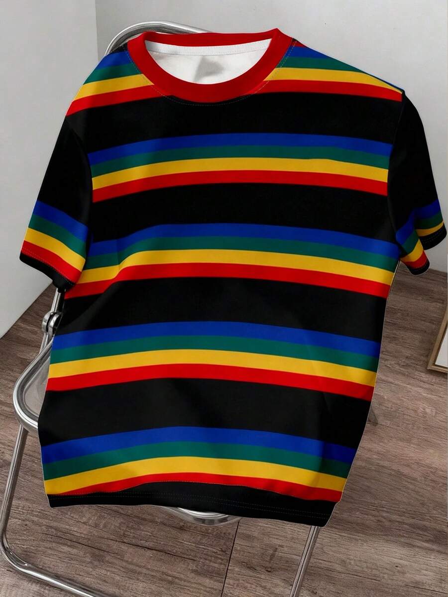 Manfinity Dauomo 复古美式条纹极简男士休闲圆领短袖T恤 - 黑色 - 查看 1