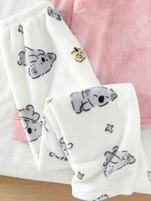 Genkimix Kids 女童加厚毛绒圆领长袖上衣搭配可爱考拉印花白色法兰绒裤，保暖毛绒两件套睡衣套装 - 淺粉色 - 查看 3