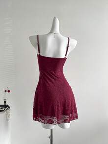 Sweetra French Summer Elegant Pink Lace Unique Design Sweet Style Spaghetti Strap Mini Dress For Ladies - Red - View 2