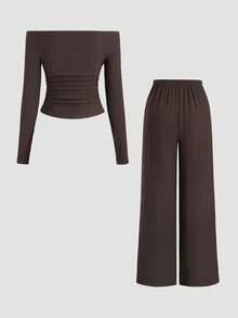 Sweetra Women's New Basic Versatile 2 Pieces Set, Solid Color Off-Shoulder Long Sleeve Top & Casual Drawstring Wide Leg Pants Suit Fall Cloth For Women