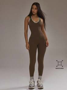 Musera Sport 撞色滚边深V修身连体裤 板式运动服 秋季运动健身服 健身房锻炼 瑜伽 普拉提 健身 日常休闲 - 彩色 - 查看 3