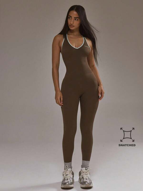 Musera Sport Mono ajustado con cuello en pico y ribete de contraste para pádel, otoño, invierno, activewear, deporte, gimnasio, entrenamiento