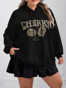 SHEIN CURVE+ 休闲简约豹纹和樱桃印花连帽宽松厚款女士运动衫，秋冬女装，冬季，CURVE PLUS - 黑色 - 查看 6