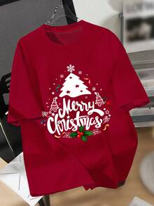 Teen Boy Casual Minimalist Fashion Classic Christmas Warm & Comfortable, Star Christmas Tree Pattern, Christmas Deer Pattern, Parent-Child Round Neck Short Sleeve T-Shirt, Suitable For Autumn/Winter