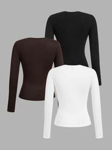 SHEIN EZwear Plus Size Women's Solid Color Round Neck Long Sleeve Fitted Casual Versatile T-Shirt/Fall/Winter - Multicolor - View 2