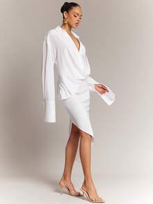 Hauture 女士办公室休闲优雅低领侧开衩超长袖衬衫裙 - 白色 - 查看 5