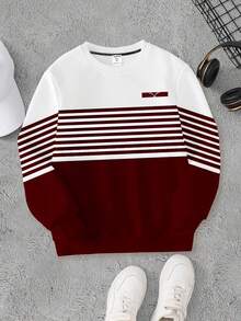 Tween Boy Casual Stylish Minimalist Striped Pattern Print Pullover Sweatshirt, Comfortable & Warm In Autumn/Winter - Multicolor - View 3
