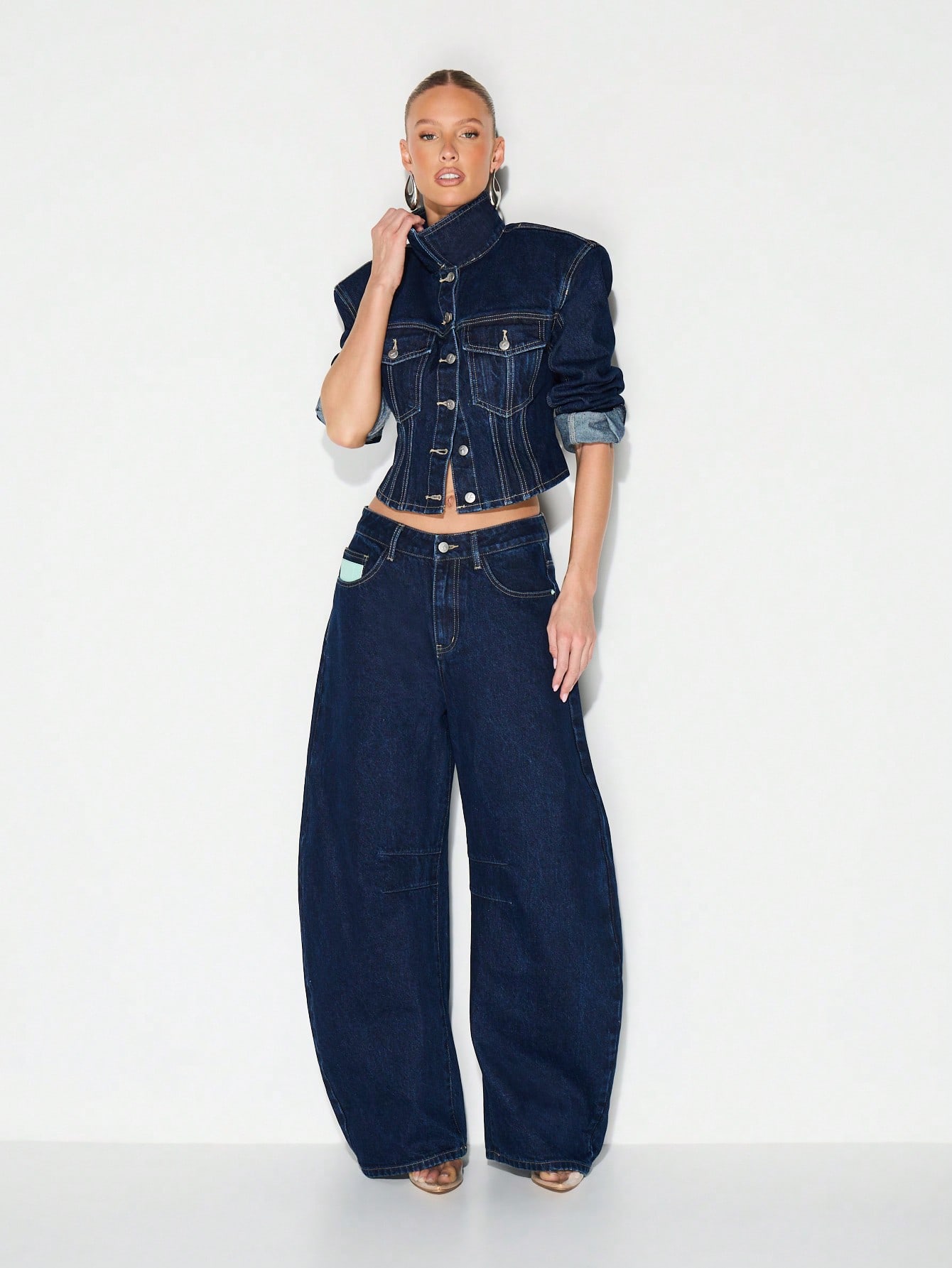 KIZN Giacca in denim corta con chiusura a bottoni