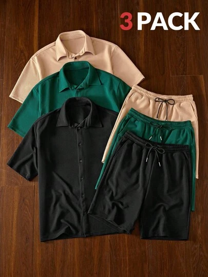 Manfinity VCAY Bộ 2 áo sơ mi tay ngắn dáng rộng thoải mái hàng ngày dành cho nam và quần short ống đứng cạp chun