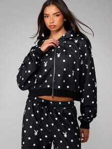 Missguided x Playboy Conjunto de sudadera con capucha y pantalón de chándal con estampado de conejitos con lunares, con cremallera delantera y cordón ajustable - Blanco y Negro - Ver 3