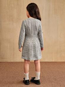 SHEIN 年轻女孩秋冬复古粗针织圆领 A 字腰蝴蝶结长袖毛衣连衣裙，适合户外休闲穿着 - 灰色 - 查看 2
