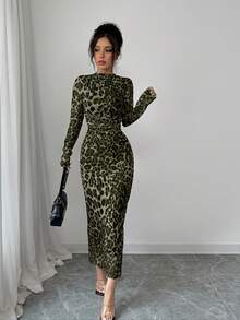 Elenzga Women's Elegant Leopard Print Elastic Mesh Ruched Bodycon Dress - Dark Green - View 3