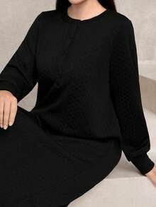 Graceveil 女士休闲纹理面料圆领宽松长款卫衣，绿色，秋冬 - 黑色 - 查看 6