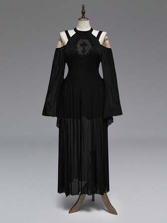 Große Größen Gothic Cross Mesh Patchwork Off-Shoulder Kleid, Cut-Out