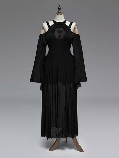 Goth Vestido de talla grande con diseño gótico, cruce hueco, malla y parches, hombros descubiertos