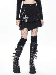 ROMWE Grunge Punk Gothic Visual Cross Embroidery Metal Chain Pendant A-Line Pleated Denim Skirt - Black - View 9