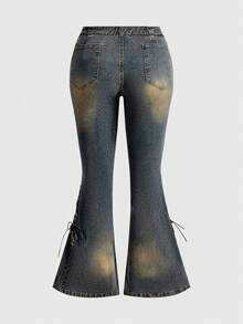 ROMWE Grunge Punk Y2K Baddie Hollow Eyelet Lace-Up Decor Plus Size Skinny Flare Jeans - Blue - View 2