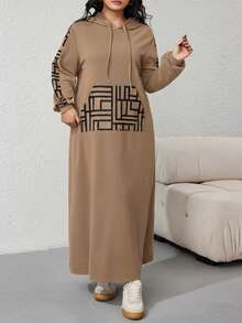 Veilorie Váy nỉ trùm đầu tay dài họa tiết hình học cỡ lớn cho nữ - Màu Khaki - Xem 5