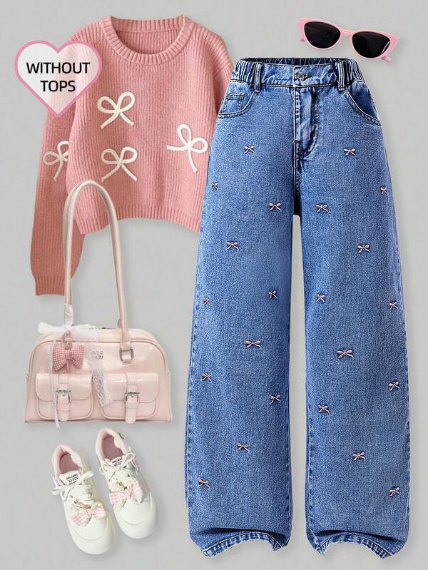 Sparklyn Jeans rectos con bordado de mariposa para niñas