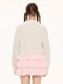 ROMWE Kawaii 女士休闲V领可爱小熊刺绣爱心蝴蝶结落肩长袖开衫毛衣 - 米色 - 查看 3