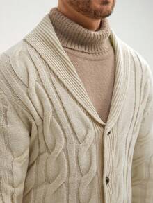 Manfinity Homme 男士披肩领麻花针织开衫，纽扣前开襟，适合秋冬季节，长袖上衣 - 杏色 - 查看 4