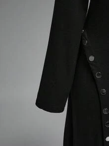 ROMWE Goth 大码哥特朋克风格黑色长裙，秋冬女式大码长裙，金属铆钉侧开衩连衣裙 - 黑色 - 查看 4