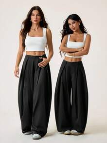 SHEIN EZwear Vintage Casual Street Style Loose Fit Olive Green Curved Hem Plus Size Pants, Autumn/Winter Baggy