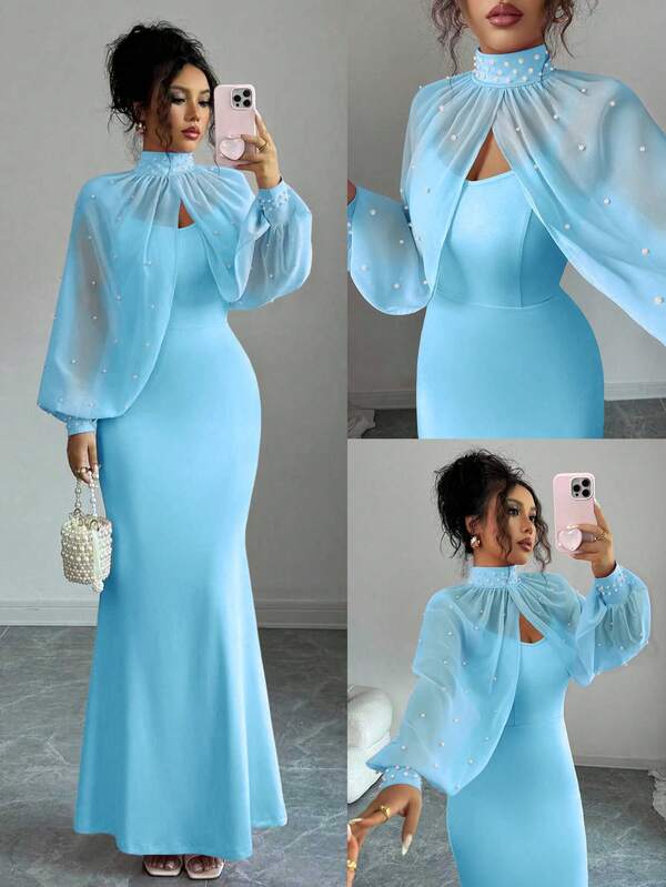 Elenzga New Elegant Mature Charm Evening Gown, Dignified & Gentle, Dreamy Pink, Hand-Beaded Long Sleeve Top, Graceful Mermaid Hem Bodycon Slip Dress Set