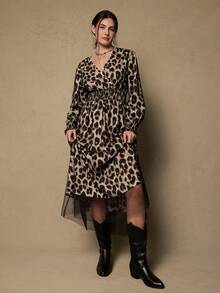 SHEIN VCAY Plus Size Leopard Print Wrap Around Long Sleeve Cinched Waist Dress, Elegant - Black - View 8