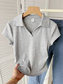 SHEIN 少女灰色百搭方领短袖T恤，设计师款，夏季休闲Polo衫，及腰长度，修身剪裁，清新少女风 - 淺灰色 - 查看 5