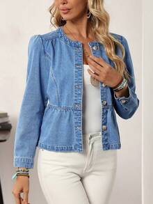 EMERY ROSE Women Front Button Long Sleeve Pleated Casual Denim Jacket, Minimalist Style - Blue - View 5