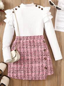 SHEIN طقم تي شيرت كشكشة ياقة مندرين وتنورة مربعات...