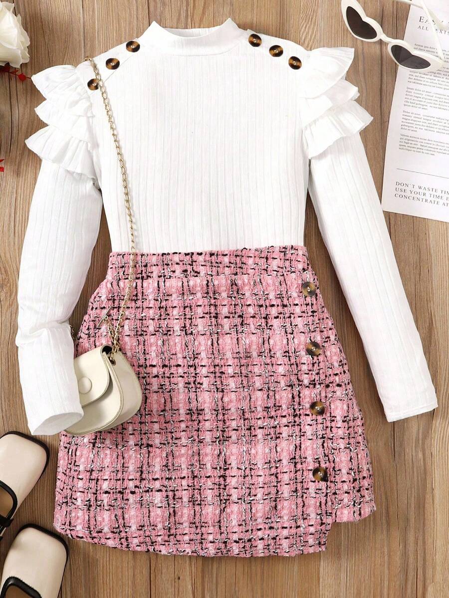SHEIN Tween Girl Ruffle Trim Mock Neck Tee & Plaid Button Detail Skirt