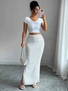 Rafferiza Chân váy ôm sát bằng vải lưới chấm bi thanh lịch dành cho nữ, thích hợp cho mùa thu. - trắng - Xem 1