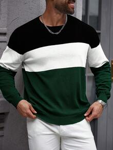 Manfinity Homme Plus Size Men's Casual Contrast Color Round Neck Loose Fit Sweater, Autumn/Winter