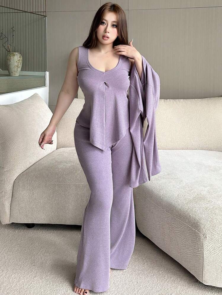 Dazy Plus 3 PiecesElegant Purple Plus Size Women Casual Outfit Set - Tight Camisole, Loose Cardigan, Pants Lounge Sets For Women