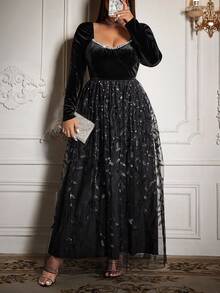 Flirla 优雅性感公主风复古珍珠亮片网纱天鹅绒派对舞会长裙，修身A字廓形，大码女装，秋冬款 - 黑色 - 查看 7