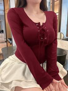 Dazy Plus 大码女式弹力修身圆领露脐系带长袖T恤可爱上衣