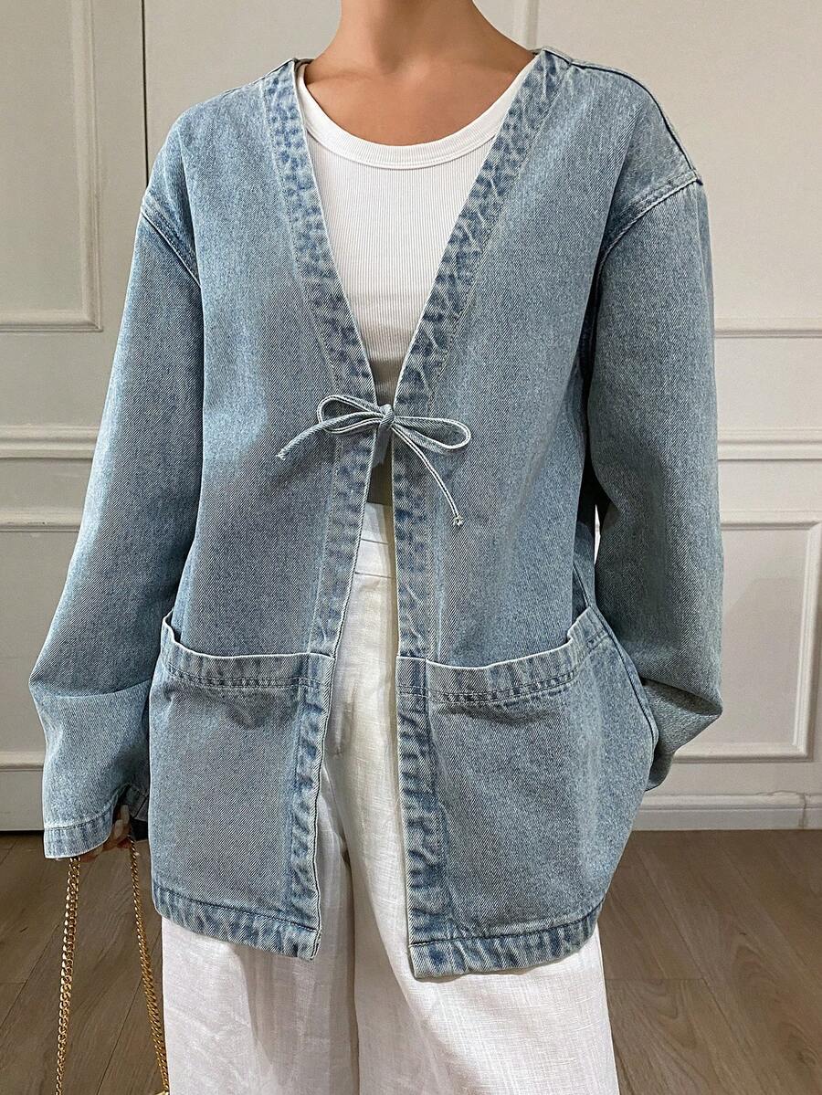 Livesso Women's Lace-Up Loose Denim Jacket, Autumn